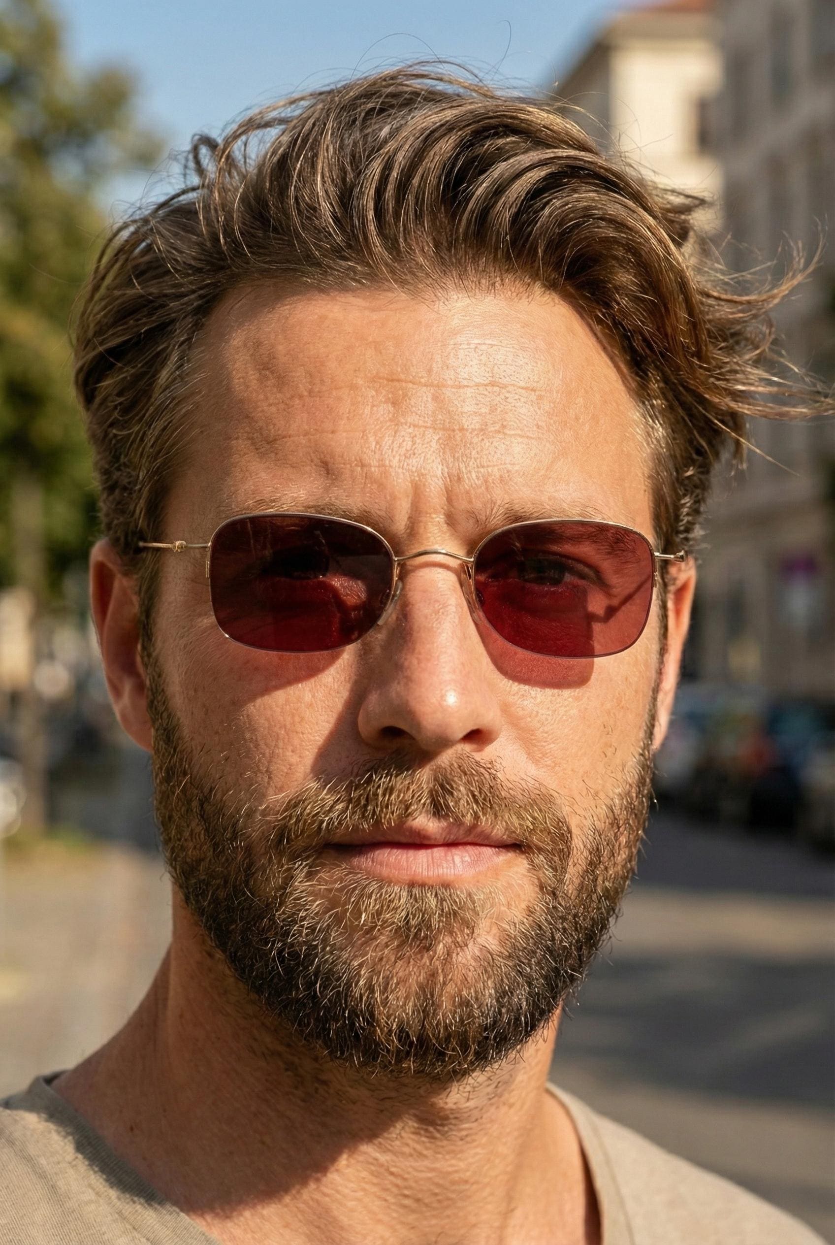 90s Minimalist Red Lens Glasses, Gold Plated Titanium, Small