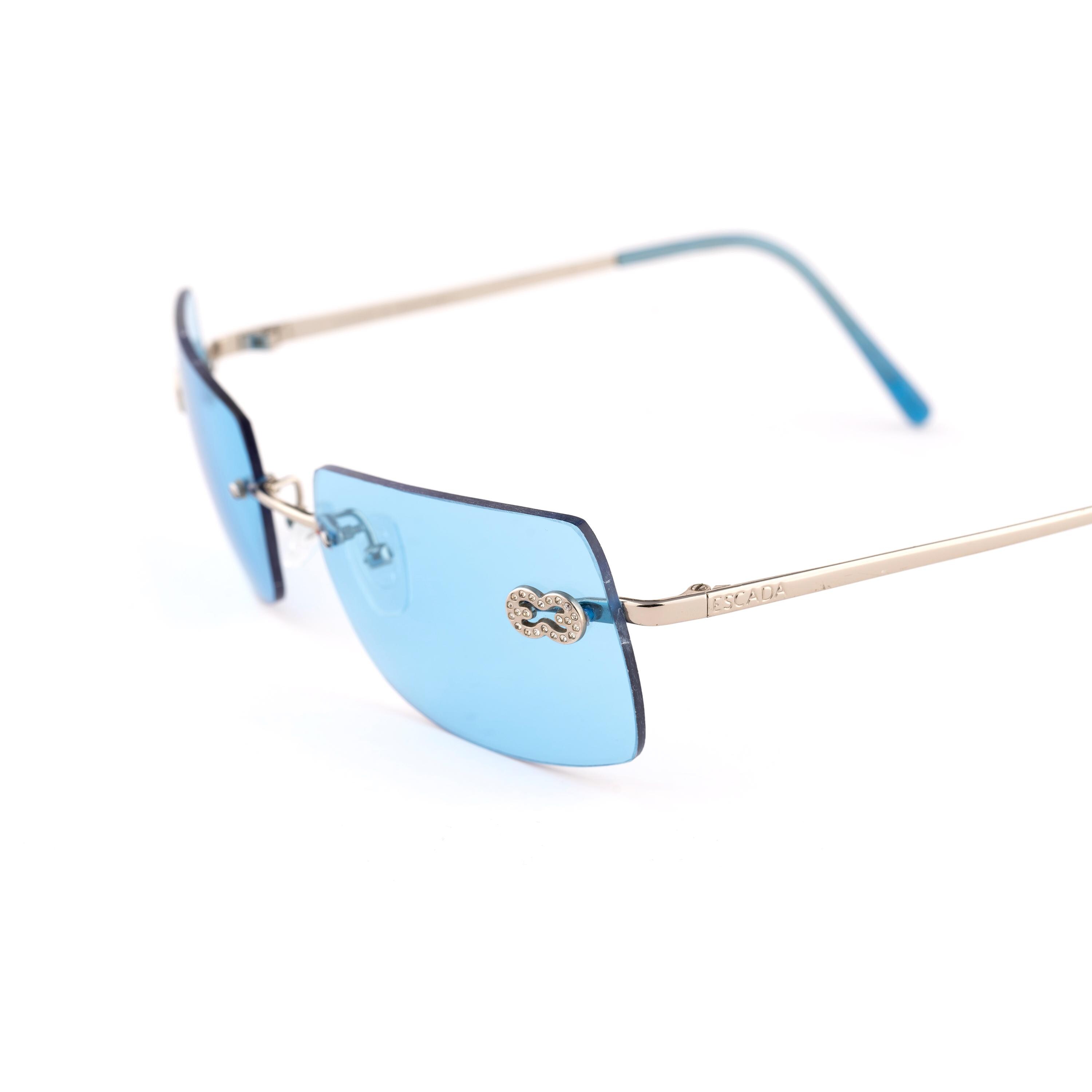 Rimless Blue Sunglasses, Escada 90s Vintage, Silver Diamond Y2K