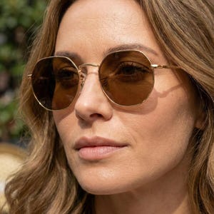 Gold Round Sunglasses, Geometric Hexagon Frame, Brown Mineral Glass Lens, VLux Club Handmade Retro, Small Fit 135mm
