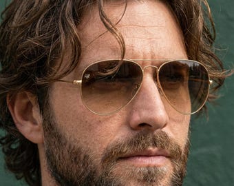 Classic Gold Aviator for Smaller Faces, VLux Club Italy Handcraft, Brown Gradient Glass Lenses, Luxury Pilot Style, Tailored Fit 136mm Width