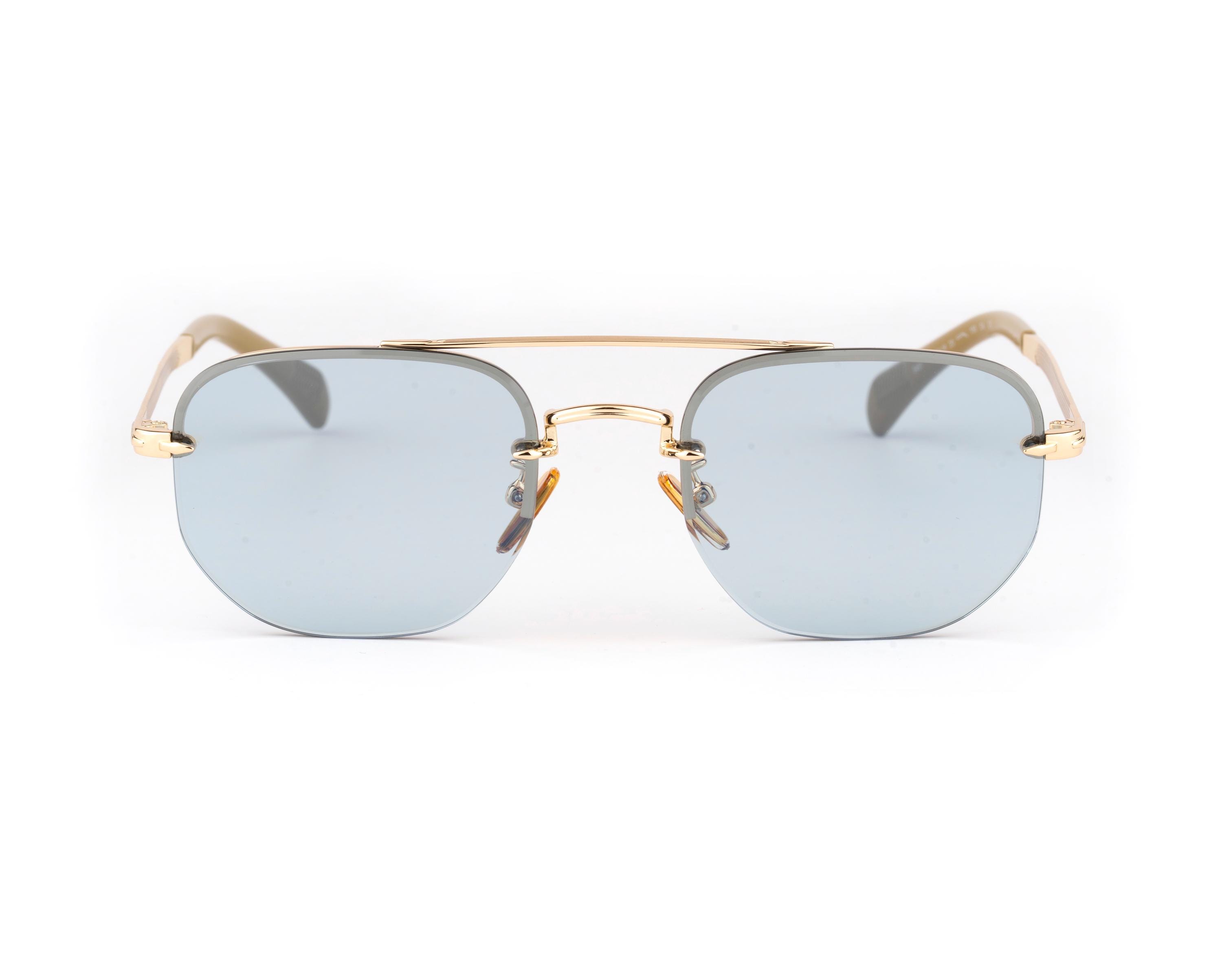 Blue Tint Sunglasses, Rimless Square Aviator, Gold Double Bridge