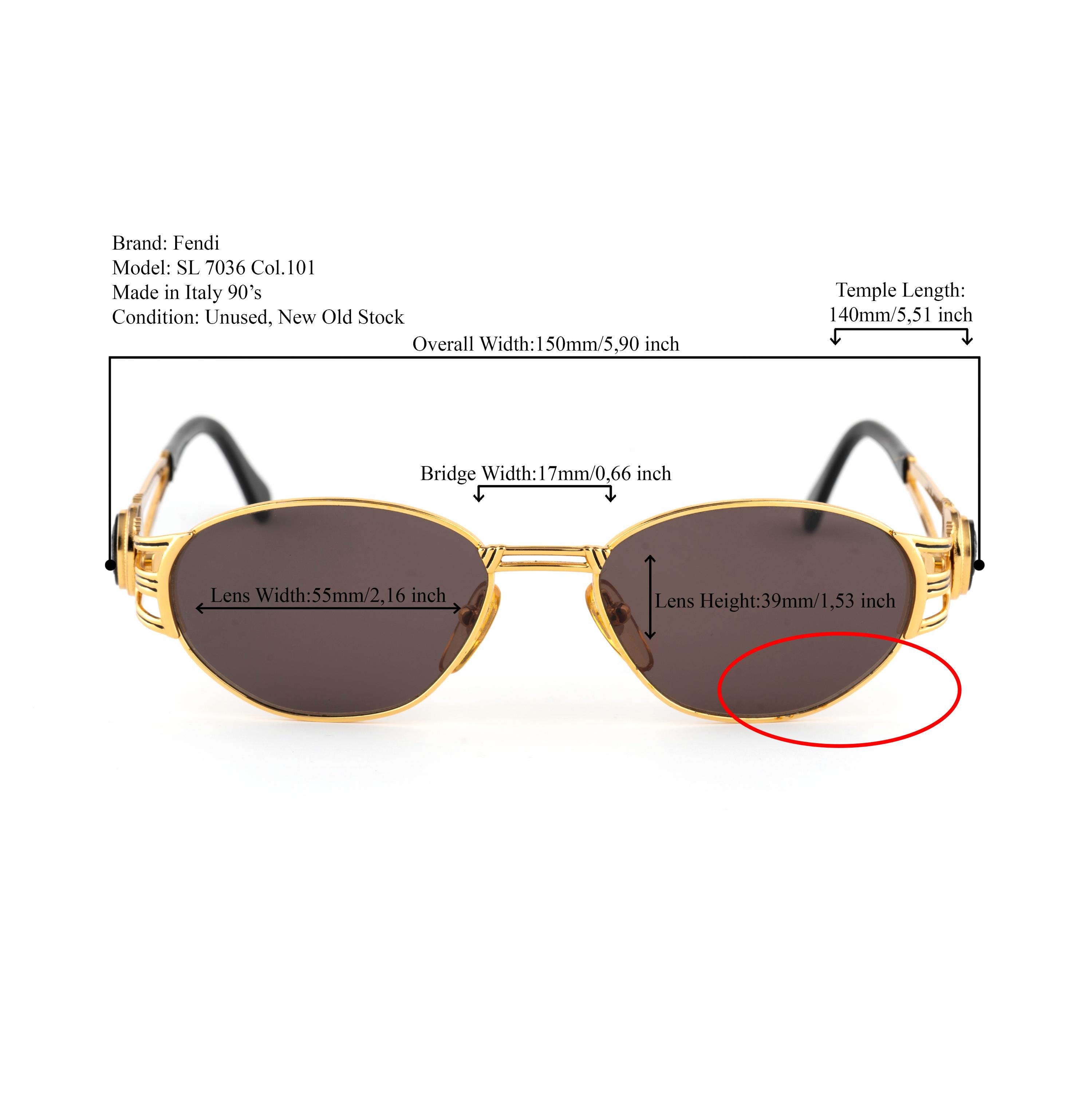 Fendi Gold Oval Sunglasses, SL 7036 Vintage 90s Italy, Extra Wide