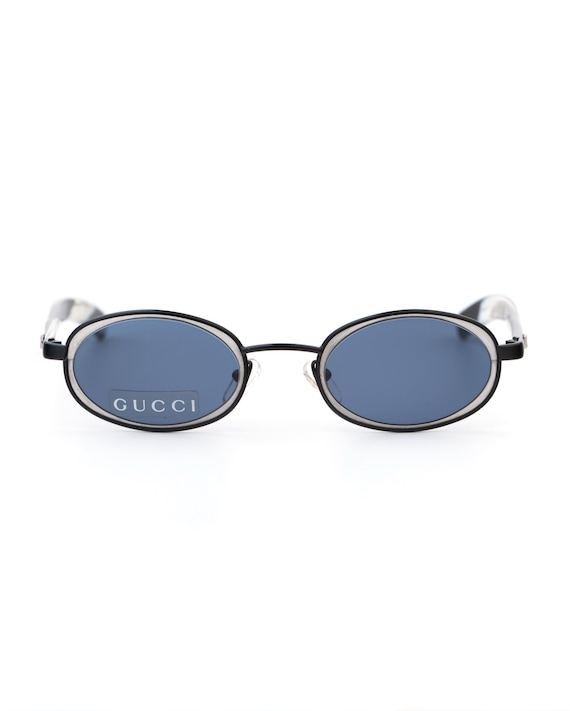 Gucci Sunglasses GG 1614, Blue Lens Oval Frame, Silver Black Horn