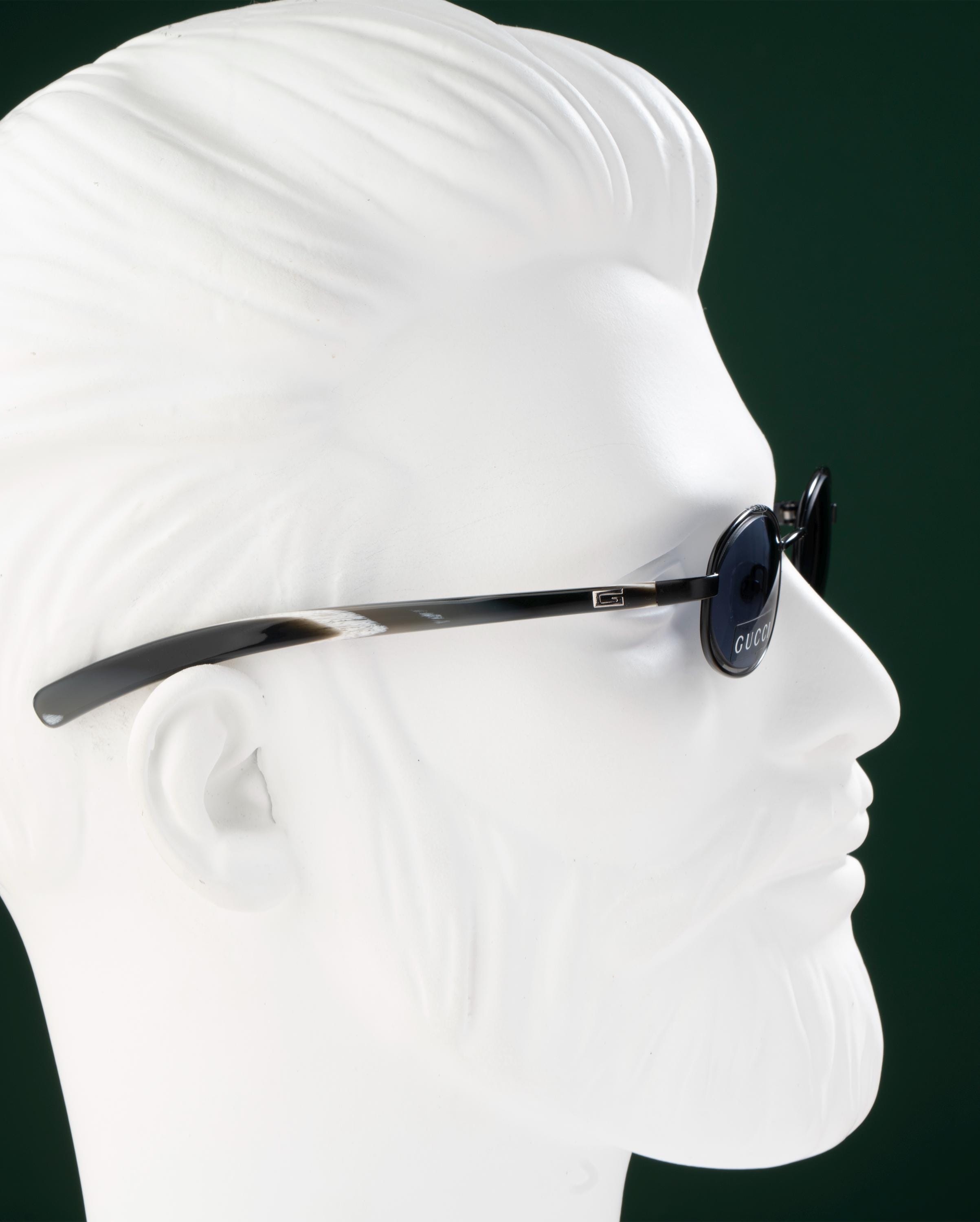 Gucci Sunglasses GG 1614, Blue Lens Oval Frame, Silver Black Horn