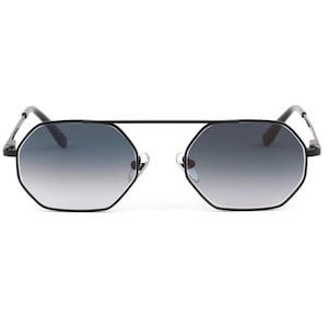 May include: Black octagonal sunglasses with gradient lenses. The sunglasses have a thin black frame with a double bridge and a silver nose bridge. The lenses transition from dark at the top to light at the bottom.