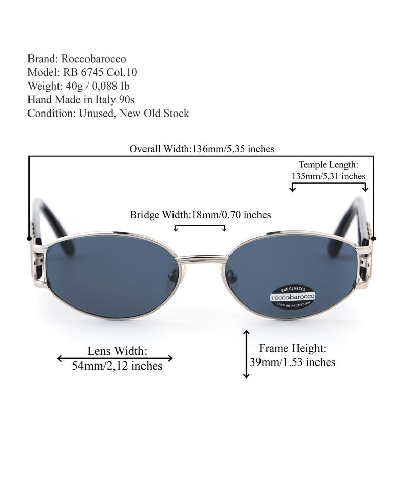 May include: Silver-framed sunglasses with dark lenses. The overall width is 5.35 inches, with a lens width of 2.12 inches and a frame height of 1.53 inches. The temple length is 5.31 inches. The sunglasses are from the 90s, made in Italy.