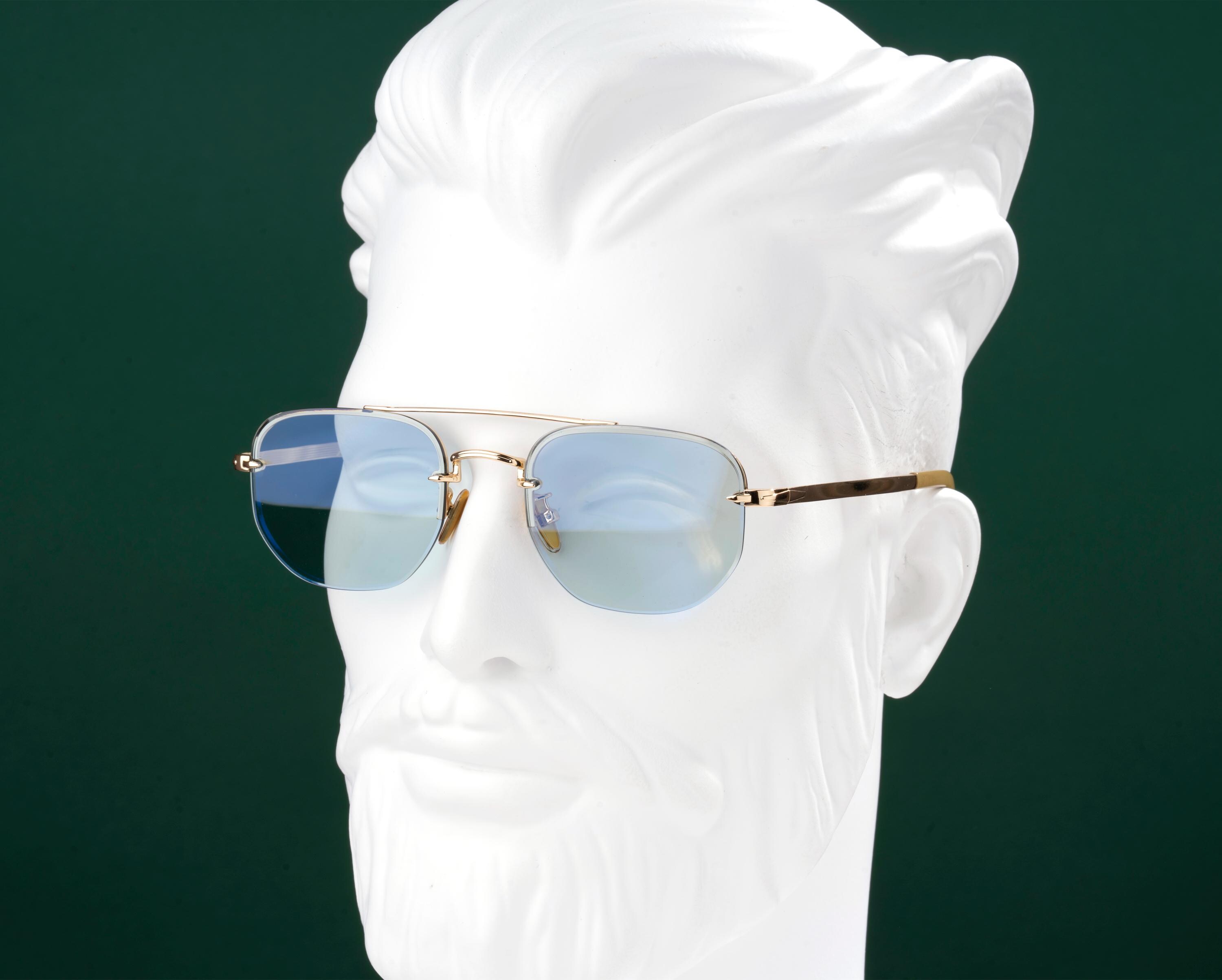 Blue Tint Sunglasses, Rimless Square Aviator, Gold Double 