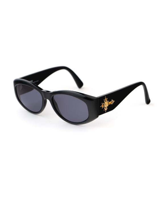 希少 ヴィンテージ Gianni versace 宝石付 度付き眼鏡 Gianni Versace 4V4 Vintage Sunglasses, Black Gothic Cross Detail