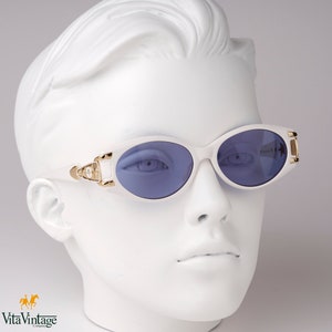 Vintage 90s Cat Eye Sunglasses: Linea Pitti White & Gold Frames, Blue Lenses
