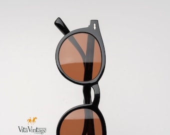 Vita Vintage VV 1002 Sonnenbrille, schwarzer runder Rahmen, braune Gläser, Herren- und Damen-Sonnenbrille, Geschenk für sie, Geschenk für ihn, Handarbeit