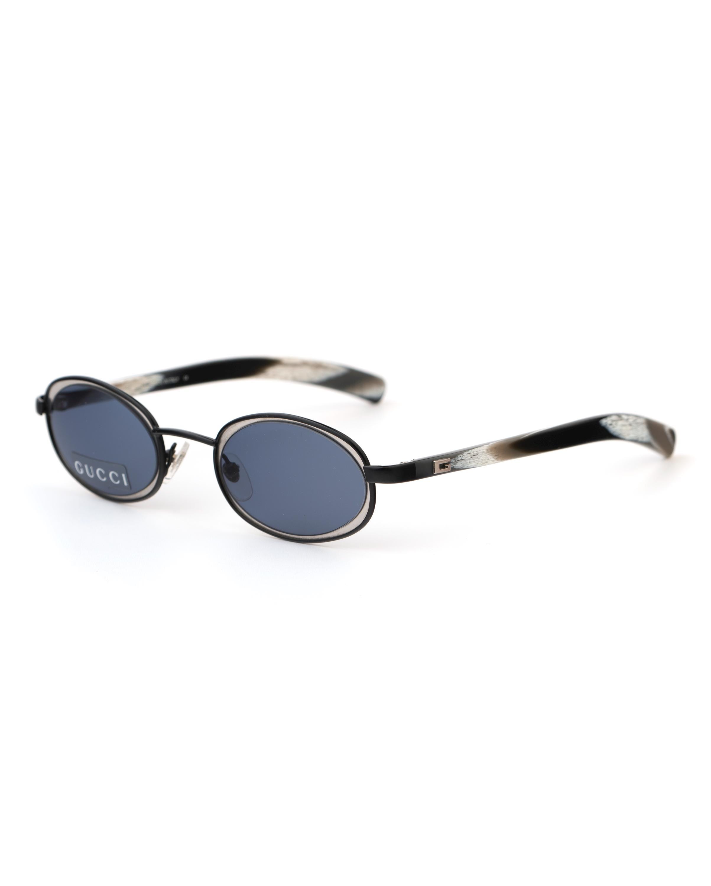 Gucci Sunglasses GG 1614, Blue Lens Oval Frame, Silver Black Horn