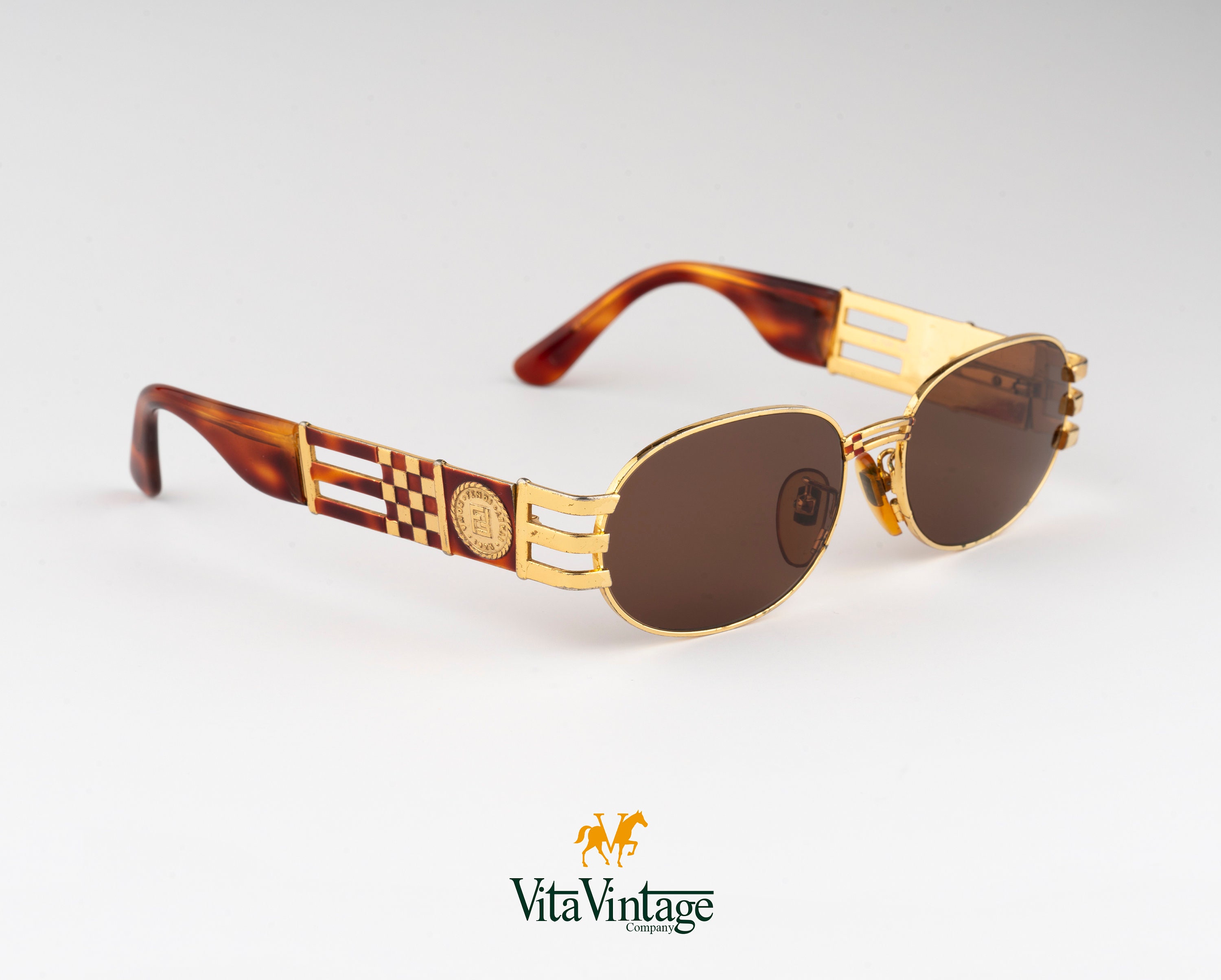 Fendi SL 7028 Vintage Sunglasses, 90s Unique Gold and Tortoise