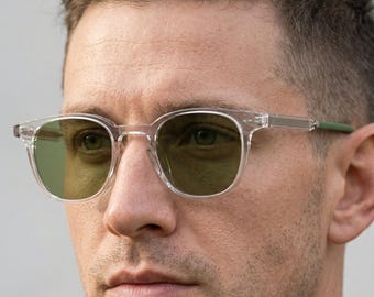 Gafas de sol cuadradas transparentes y verdes, ajuste medio ancho 141 mm, lentes de acetato transparente, lentes antirreflectantes, VLux Club, hechas a mano en Italia