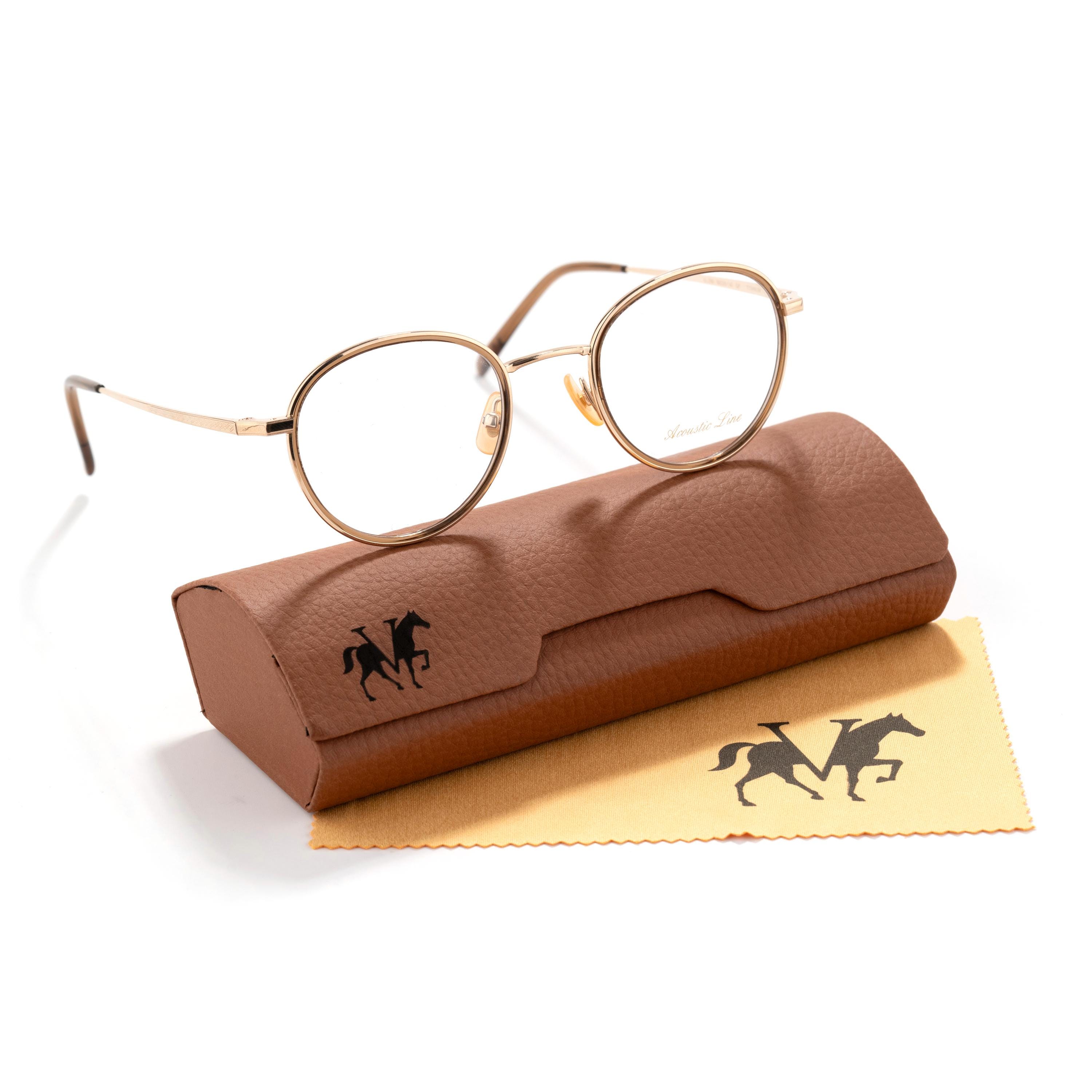 Gold Titanium Round Glasses, Light Brown Windsor Rim, Acoustic
