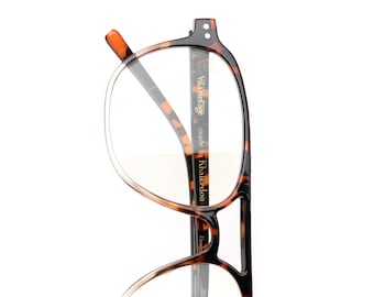 Gafas con filtro de luz azul, montura de aviador transparente color carey, hechas a mano por VLux Club, ajuste estándar de 142 mm, gafas cuadradas para ordenador