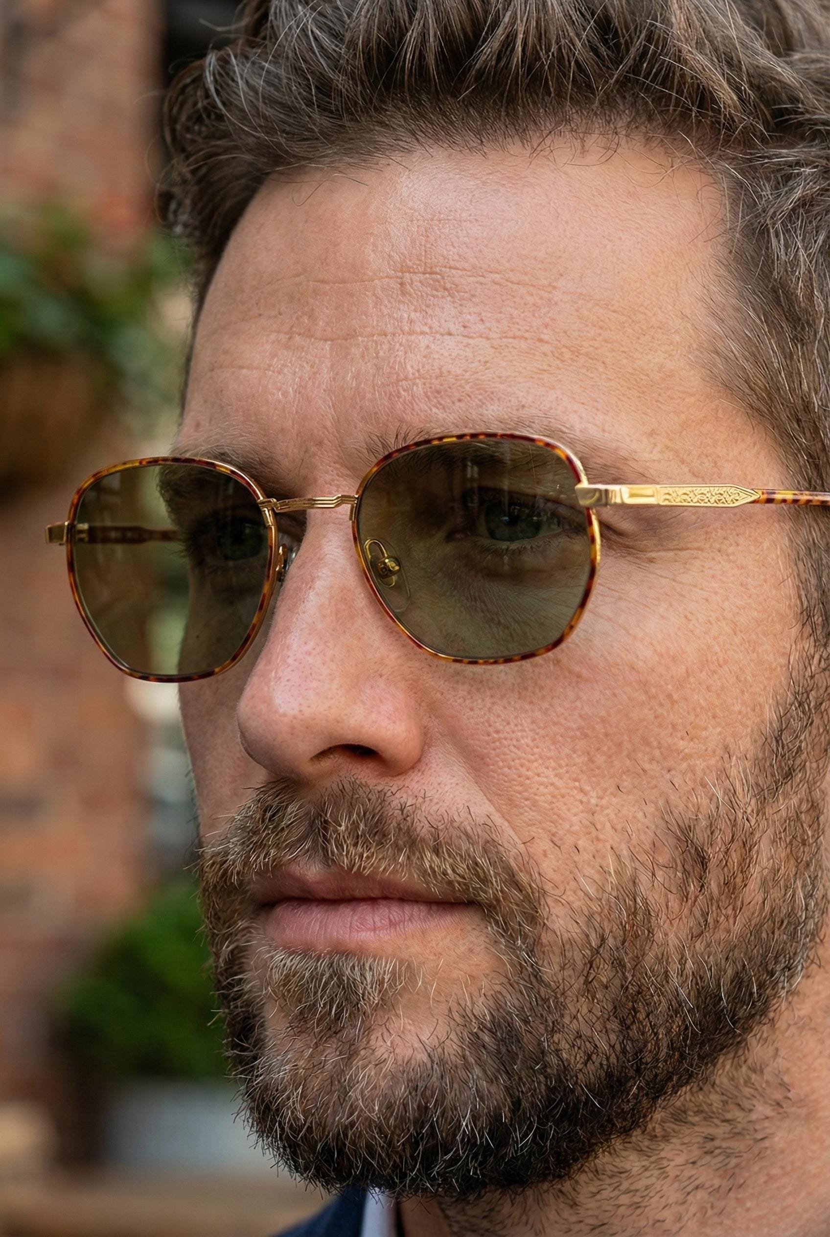 Geometric Gold Tortoise Sunglasses, Green Lens, Rides by Optiline