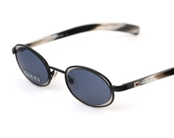 Gucci Sunglasses GG 1614, Blue Lens Oval Frame, Silver Black Horn