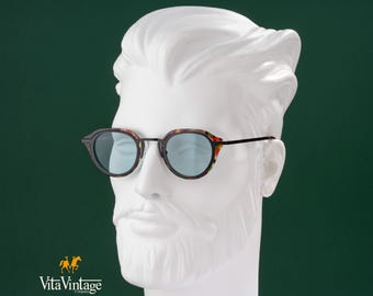 Lunettes de soleil rondes et colorées rétro - Vita vintage 1000 C1 verres teintés bleu, double monture, cadeau pour femme et homme - Fabriqué à la main