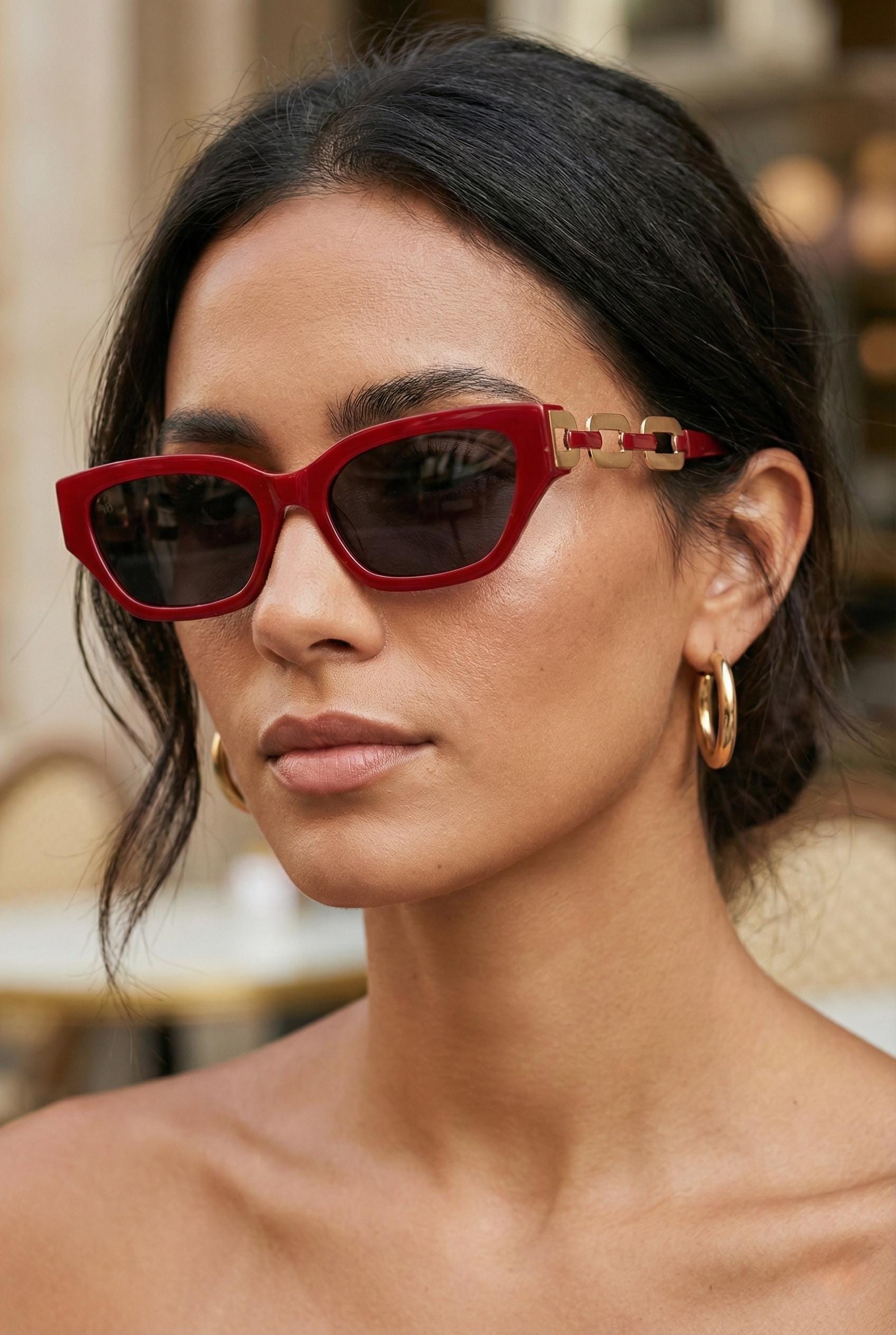 Red Cat Eye Sunglasses, Gold Chain Temple Detail, Vlux Club  display picture 2