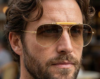 Hand Made in Italy Gold Plated Sunglasses, Real Mineral Glass Brown Gradient Lens, VLux Club Artisan Pilot Frame