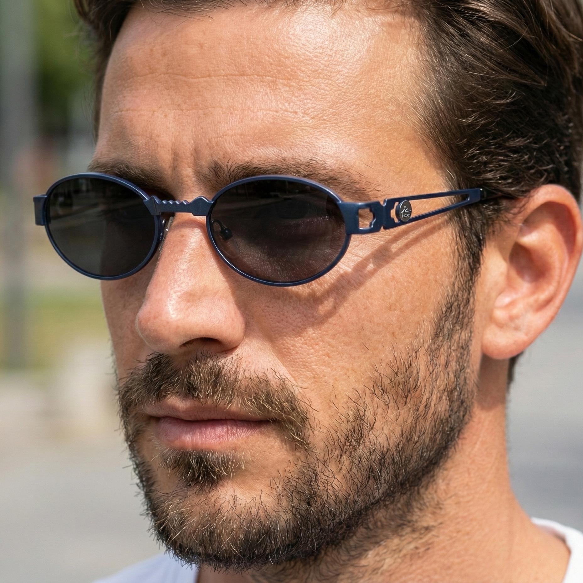 Small Blue Oval Sunglasses, 90s Ice Land Italy, Petite Fit, Dark