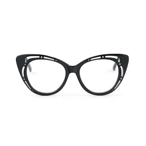 Black Cut-Out Cat Eye Eyeglasses, VLux Club XH2304A Hollow Detail Acetate Frame, Womens Small Medium Fit 137mm, Retro Optical Specs