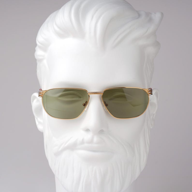 Vintage 23K Gold Plated Sunglasses, Square Navigator Aviator, 80s Two Tone Frame, Green Lens, Anne Marie Perris Italy, Luxury Men Gift image 5