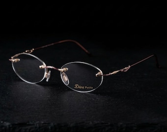 Oval Rimless Eyeglasses, Petite Fit 128mm Extra Small Frame, Pink Gold Plated Specs, Diva 90s Vintage Optical, Made in Italy