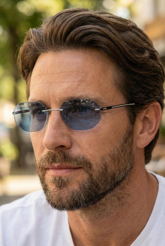 Blue Tint Rimless Sunglasses, Hexagon Silver Frame, Chianti  display picture 3