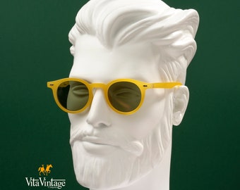 Lunettes de soleil jaunes Vita vintage 1002 C3 - Cadre rond rétro avec verres verts pour homme et femme - Artisanat
