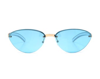 Vintage Byblos Sunglasses, Blue Tint Rimless Cat Eye, Gold Plated