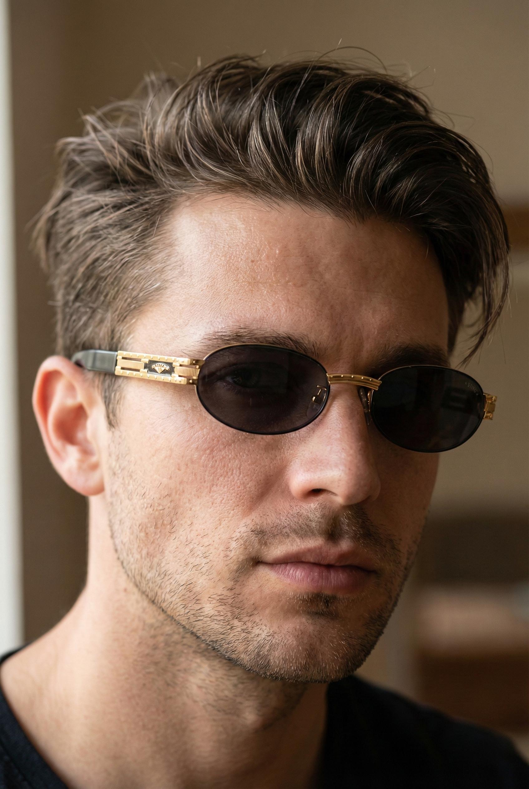 Vintage 90s Steampunk Sunglasses, Black & Gold Oval Frames