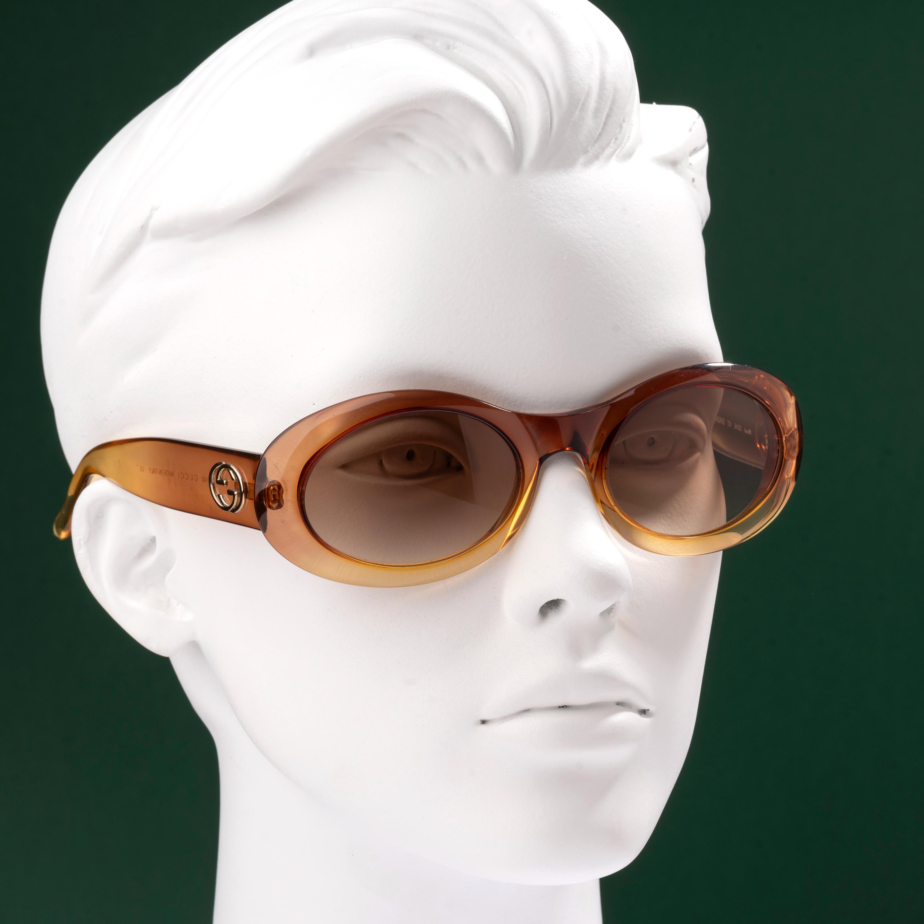 Gucci Oval Sunglasses, Vintage 90s Chunky Amber Frame, Wide Fit