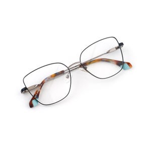 Black Grey Wire Cat Eye Eyeglasses, Small Fit 134mm Minimalist Optical Frame, VLux Club Handmade in Italy, Blue Tortoise Tips