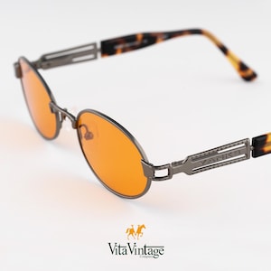 Yanks 545 Steampunk Sunglasses - 90s Italian Orange Lenses Gray Small Oval Vintage Frame Gift for Women and Mens - New Old Stock