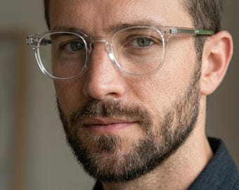 Gafas de ordenador de acetato transparente, montura transparente con patillas verdes, ajuste medio ancho de 141 mm, con filtro de luz azul, VLux Club, hechas a mano en Italia.