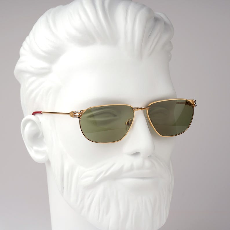 Vintage 23K Gold Plated Sunglasses, Square Navigator Aviator, 80s Two Tone Frame, Green Lens, Anne Marie Perris Italy, Luxury Men Gift image 6