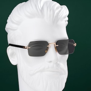Gold Rimless Rectangle Sunglasses - Italian Designer Frames, Smoke Lens