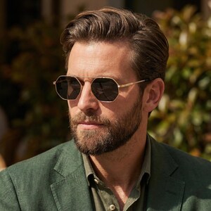 Gold Hexagon Sunglasses, Geometric Aviator Frame, Handmade Italian Chianti Degas, Anti Reflective Black Lens, Modern Pilot Shades