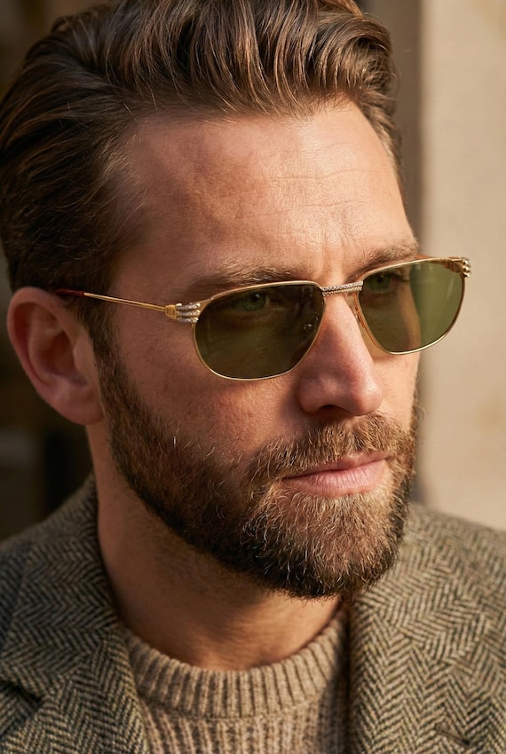 Vintage 23K Gold Plated Sunglasses, Square Navigator Aviator, 80s Two Tone Frame, Green Lens, Anne Marie Perris Italy, Luxury Men Gift
