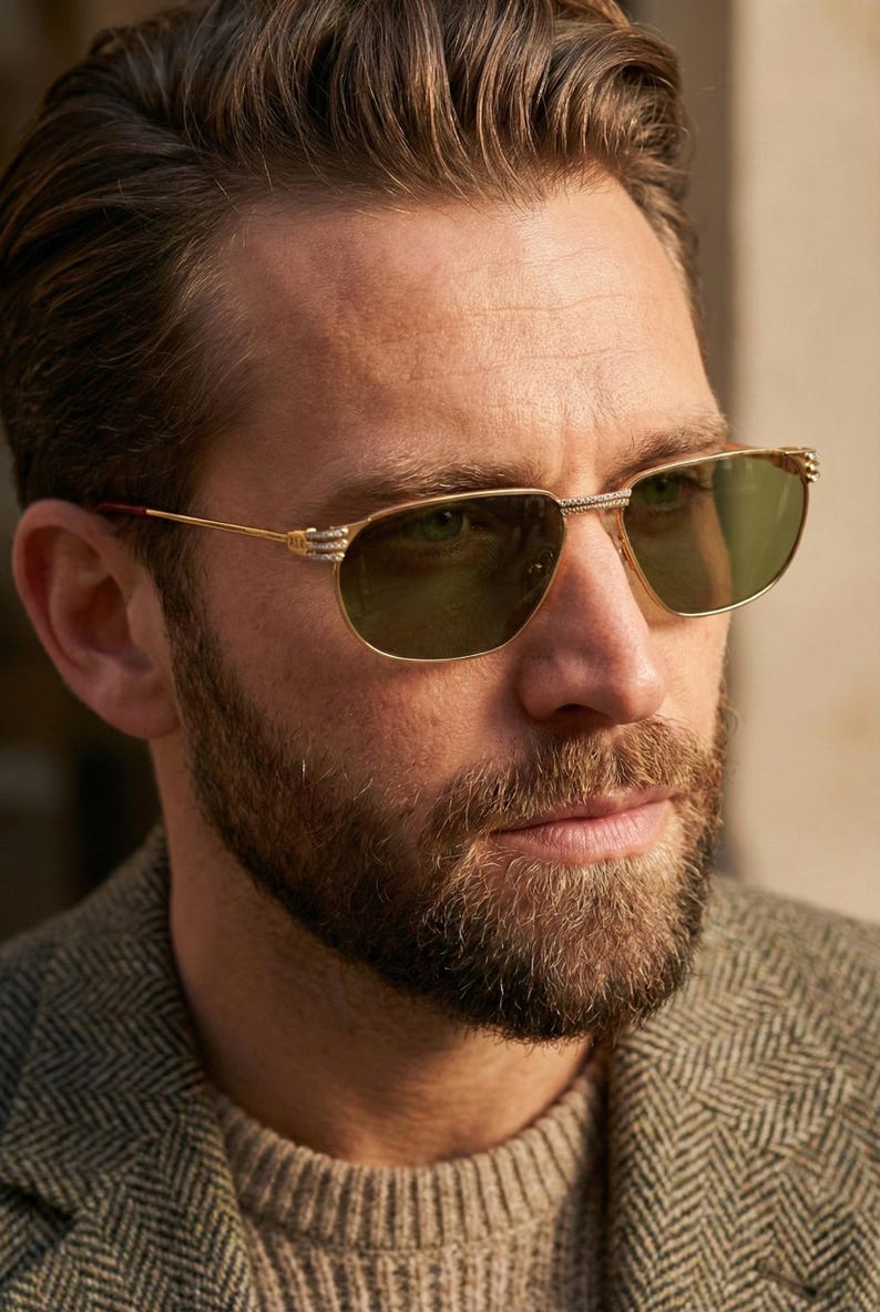 Vintage 23K Gold Plated Sunglasses, Square Navigator Aviator, 80s Two Tone Frame, Green Lens, Anne Marie Perris Italy, Luxury Men Gift image 1