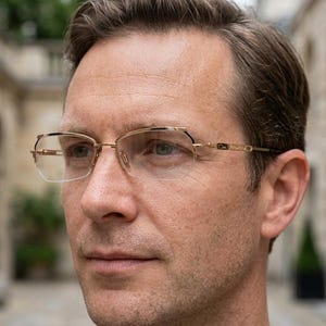 Könnte beinhalten: Goldfarbene Metallbrille mit Halbrand-Design, einer markanten, eckigen oberen Fassung und dünnen Bügeln. Der Steg und die Scharniere sind poliert, während die klaren Gläser eine flache Oberkante aufweisen.