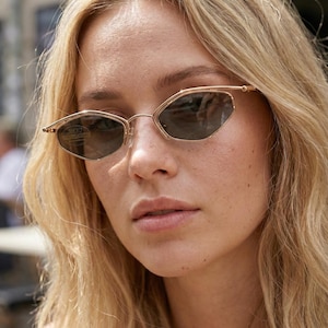 Gold Diamond Sunglasses, Geometric Hexagon Frame, Eschenbach Germany 4412, Green Lens, 90s Edgy Cat Eye, Wire Rim Shades