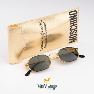 Moschino by Persol 483 ND-zonnebril - jaren 90 uniek zwart en goud klein rechthoekig vintage frame cadeau voor dames en heren - new old stock