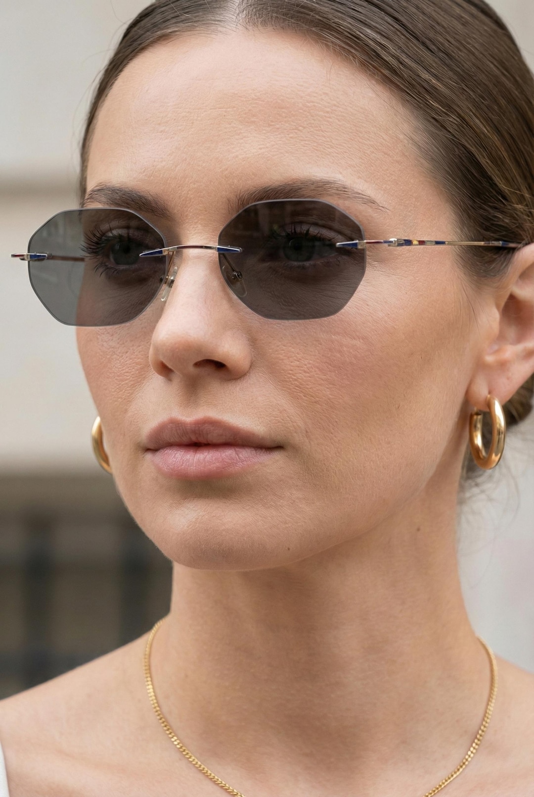 Rimless Hexagon Sunglasses, Petite Fit 128mm, Collezione Venezia