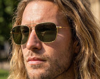 Gold Aviator Sunglasses, VLux Club Handmade VV 1019, Concave Reverse Lens, Wide Fit 144mm, Square Pilot Frames, Avant Garde Retro Shades