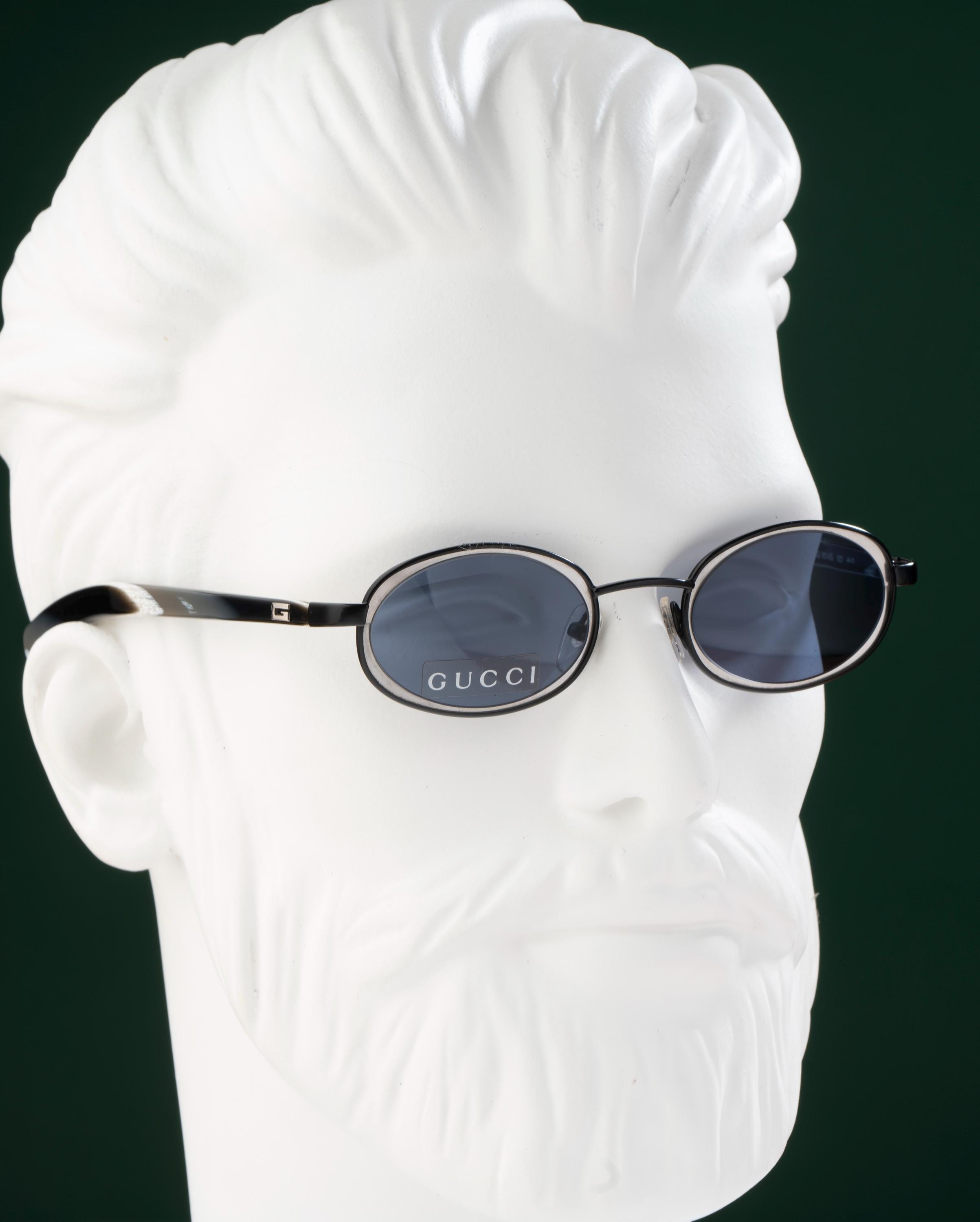 Gucci Sunglasses GG 1614, Blue Lens Oval Frame, Silver Black Horn