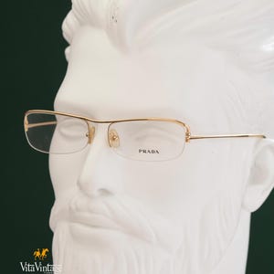 Prada Gold Eyeglasses: 90s Vintage Semi Rimless Rectangle Frames - New Old Stock