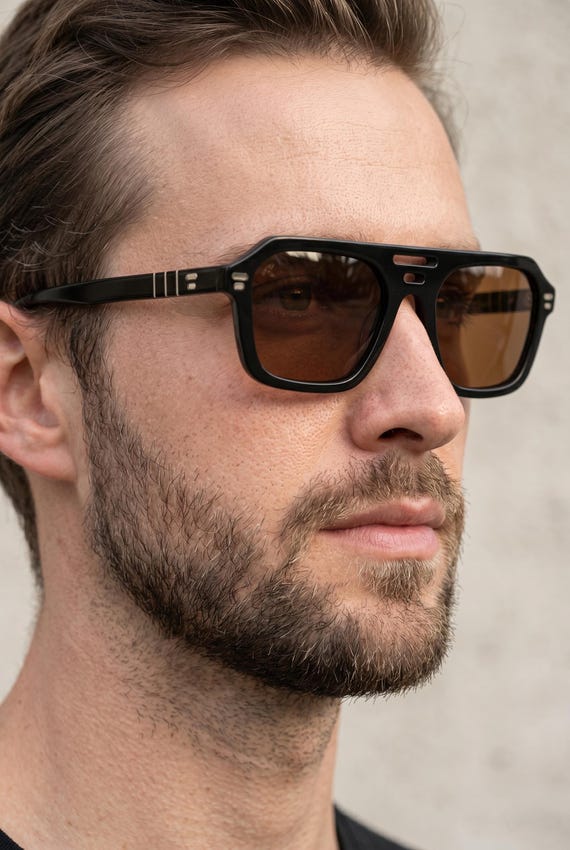 Bold Square Aviator Sunglasses, Handmade Brown Acetate, Flat 