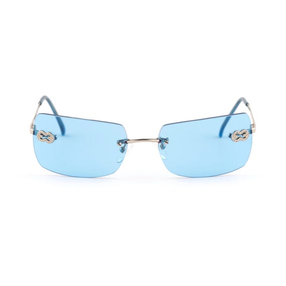 Rimless Blue Sunglasses, Escada 90s Vintage, Silver Diamond Y2K